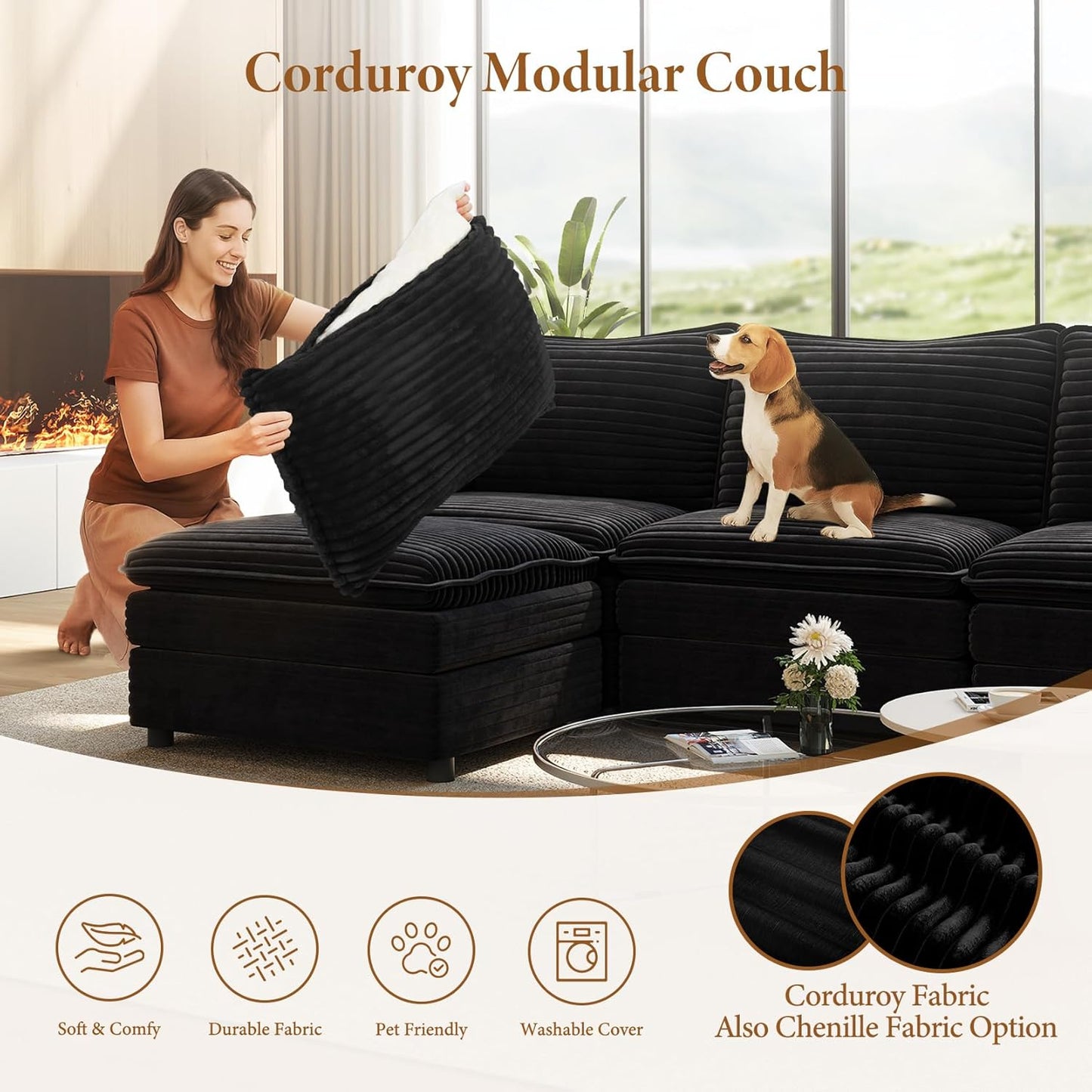 Vesgantti Large Modular Sectional Sofa, Big Comfy Cloud Couch with Ottoman Deep Seat Corduroy Cloud Sofa, 9 Seater Large Sectional Couches for Living Room, Bedroom and Apartment, Black