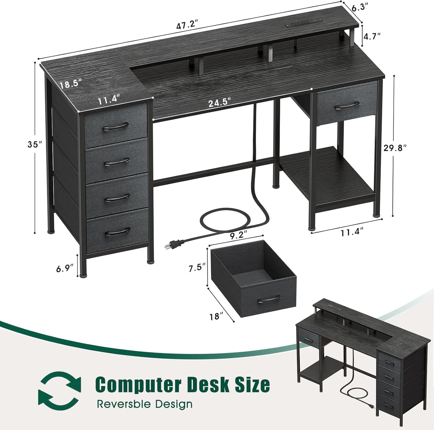 47 Inch Computer Gaming Desk with Power Outlets & LED Lights Reversible Home Office Desk with Adjustable 5 Fabric Storage Drawers for Working Writing Study, Black
