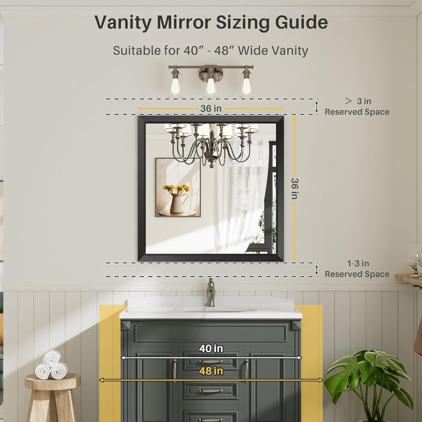 36x36 Inch Black Bathroom Mirror for Wall, Thick Metal Framed Rectangle Mirrors for Over Sink, Bedroom, Living Room, Entryway, Anti-Rust, HD Tempered Glass