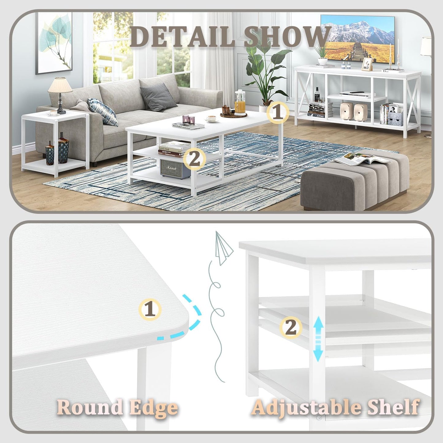 EXCEFUR White Coffee Table, Modern Rustic Wood Center Table with Storage for Living Room, Industrial Rectangle Cocktail Tea Table, 47 Inch