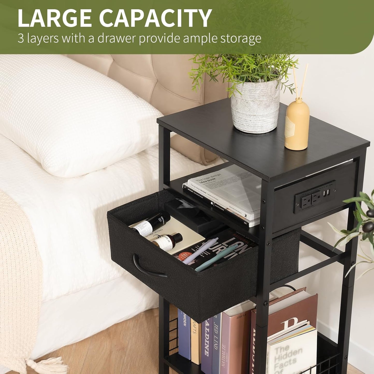 Yoobure Side Table - Night Stand with Charger Station & LED Light, 3 Tier Small End Table Living Room, Bedside Table with Drawer, Record Player Stand with Vinyl Storage, Black Nightstand for Bedroom