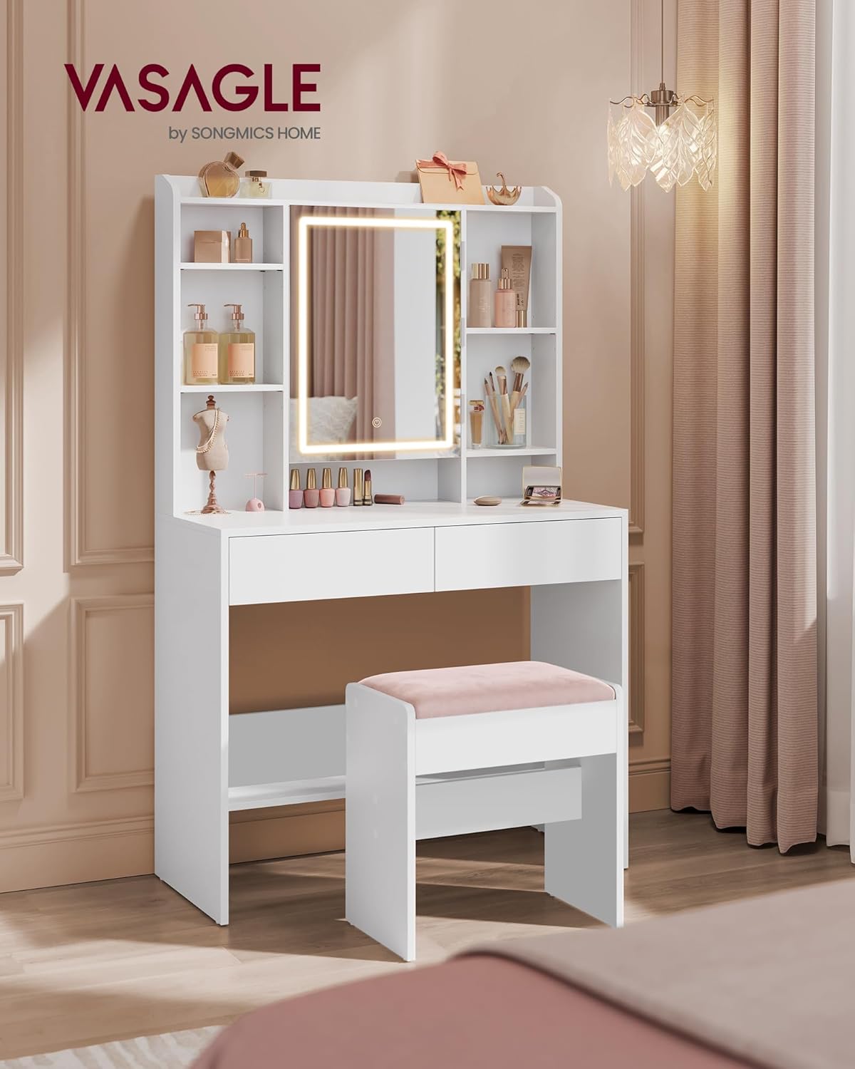 VASAGLE Vanity Desk with Mirror and Lights, Makeup Vanity with Upholstered Vanity Stool, Dimmable LED Lights, Adjustable Shelves, 7 Compartments, 2 Drawers, for Bedroom, Cloud White URDT131W01