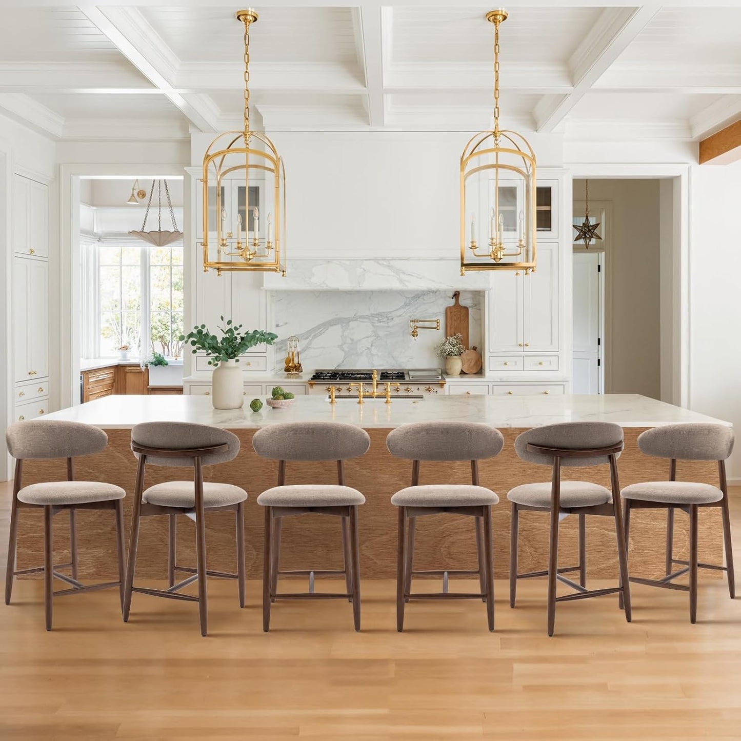 COLAMY Mid-Century Modern Upholstered Counter Height Bar Stools Set of 6, Kitchen Island Stools with Contoured Fabric Seat, Wood Legs, Camel