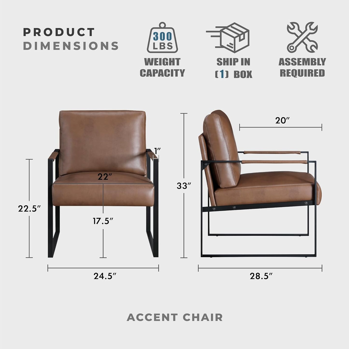 Lexicon Modern Accent Chair, Faux Leather Upholstered Living Room Chair with Wrapped Armrests, Arm Chair with Black Metal Frame, Comfy Single Chair for Living Room/Bedroom/Reading Room/Office, Brown