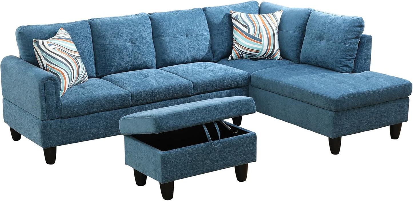 Couches for Living Room Modern L Shaped Couch Comfy Flannel Fabric 3 Pieces Sectional Sofa with Chaise, Ottoman with Storage for Office and Small Apartment, Blue
