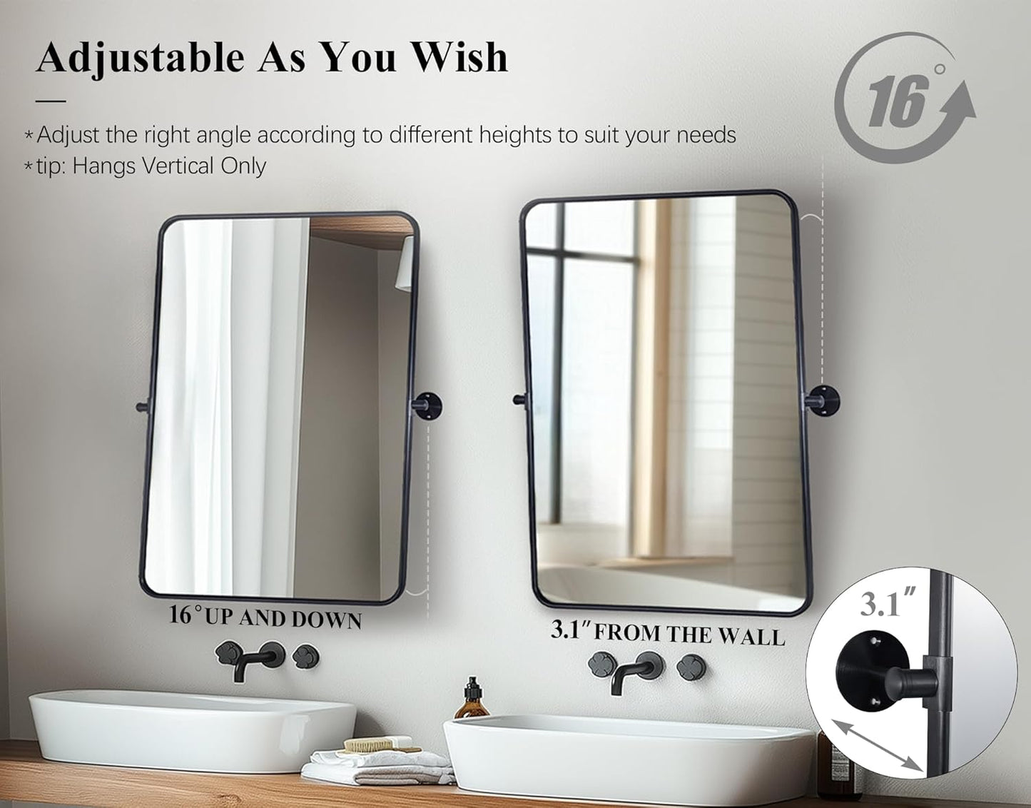 ANDY STAR Pivot Mirror, 22" x 30" Black Tilt Mirror for Bathroom with Rounded Corner Tube Metal Frame Design, Black Vanity Rectangle Bathroom Mirror for Over Sink, Hangs Vertically Farmhouse Style