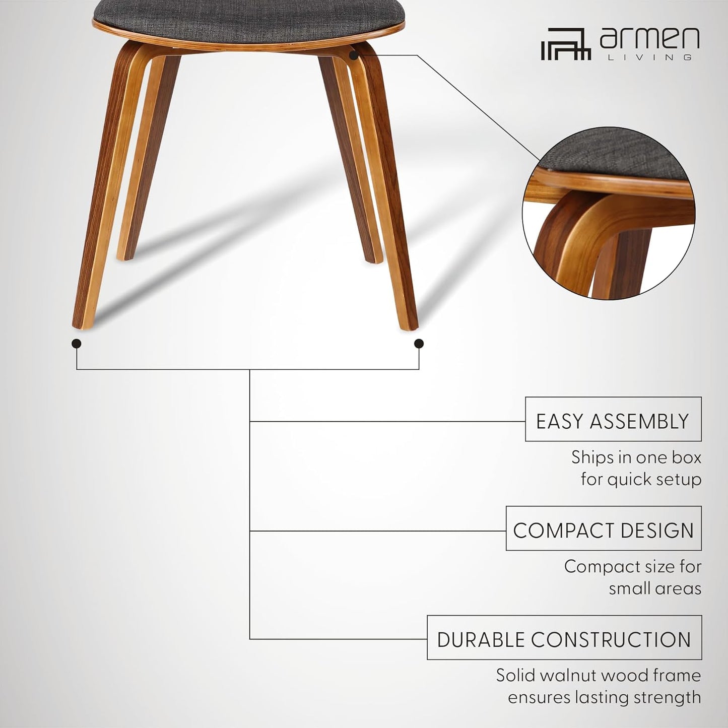 Armen Living Jaguar Dining Chair in Charcoal Fabric and Walnut Wood Finish,Charcoal/Walnut Finish 20D x 18W x 29H in