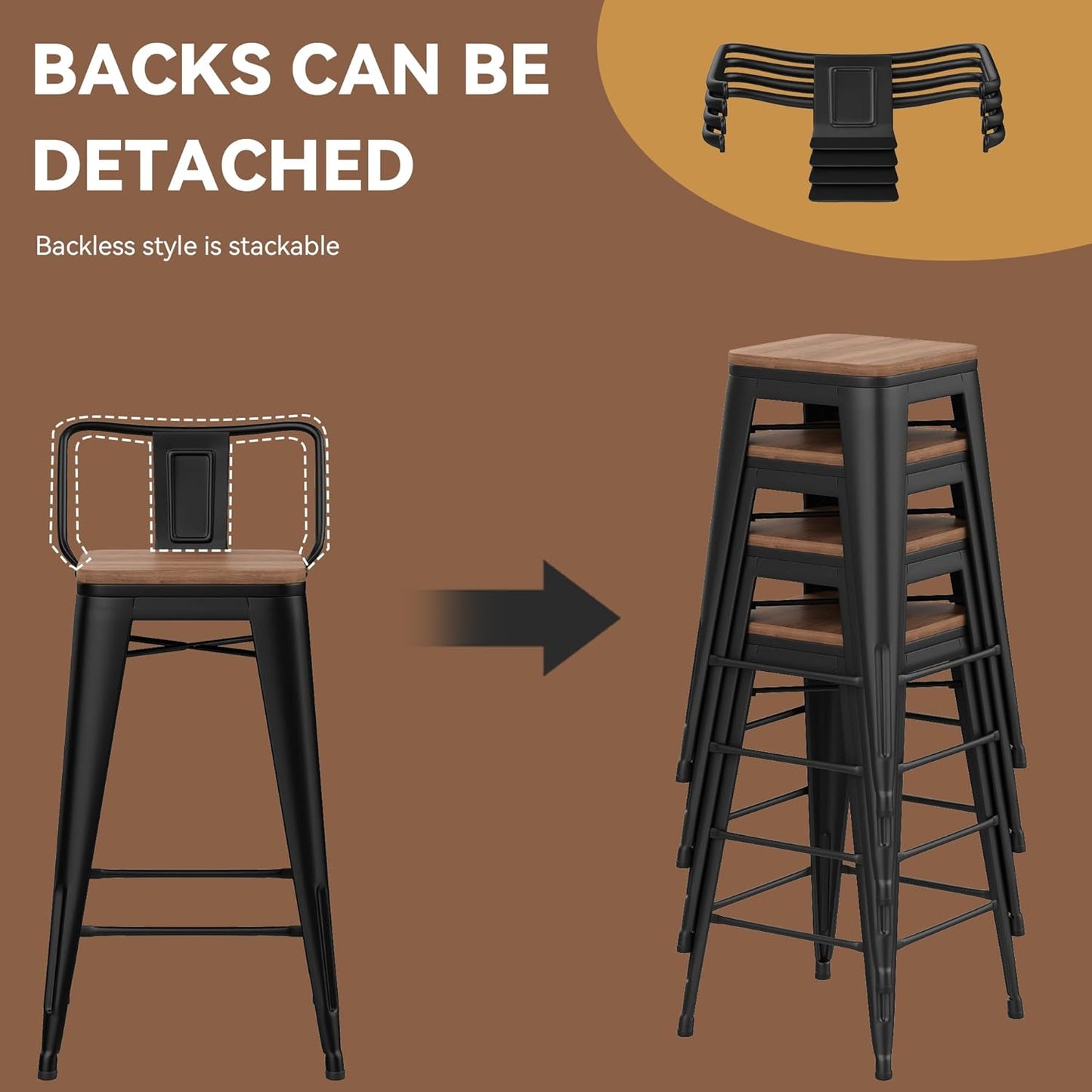 Yongchuang 26" Metal Barstools Set of 2 Counter Bar Stools with Wood Top Low Back Matte Black