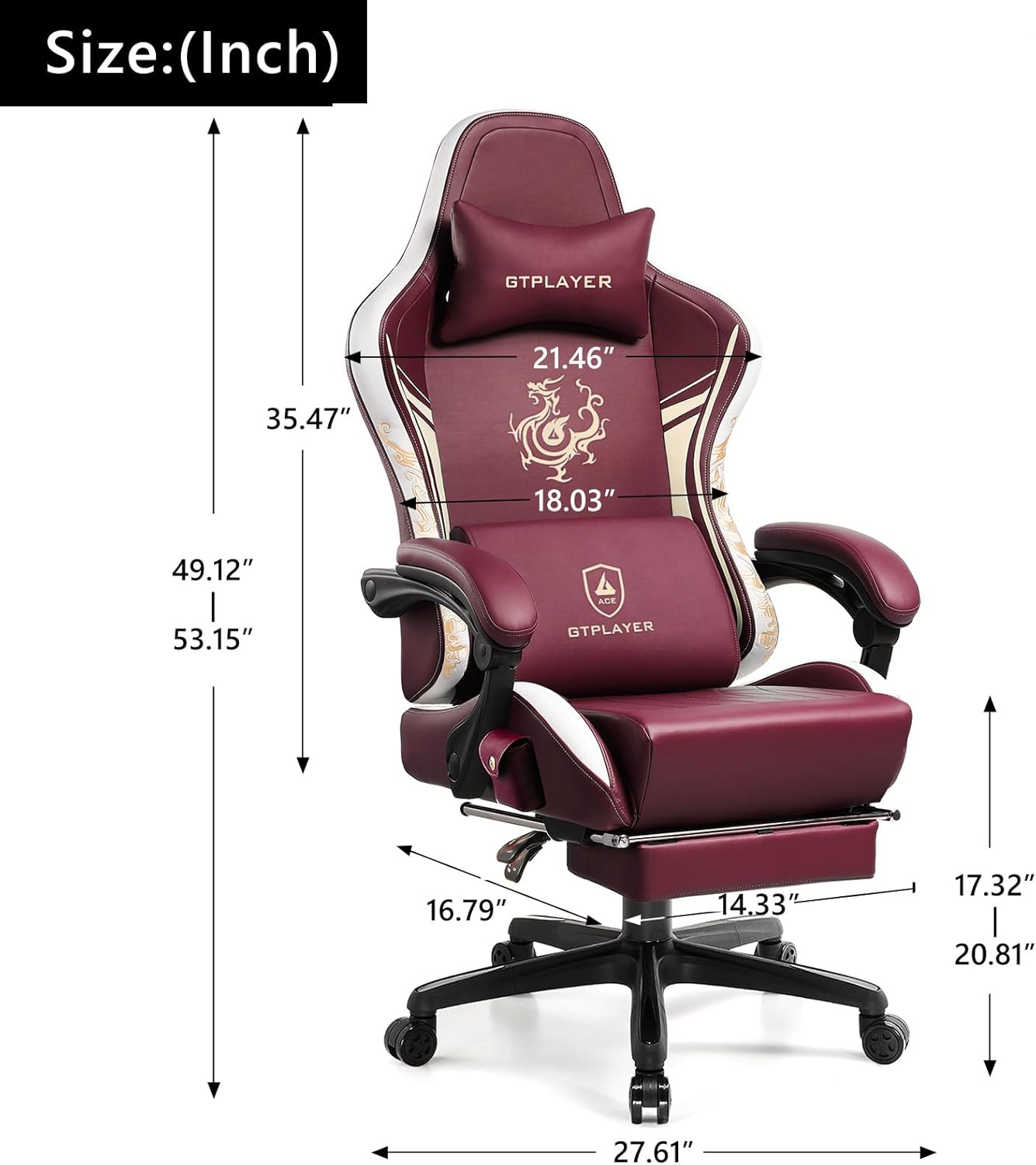 GTPLAYER Gaming Chair with Bluetooth Speakers and Footrest, Dragon Series Video Game Chair, Heavy Duty, Ergonomic, Esports Computer Office Chair, (RED)