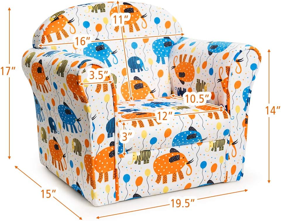 Costzon Kids Couch, Children's Sofa Armrest Chair with Pattern, Toddler Furniture w/Sturdy Wood Construction, Preschool, Lightweight Kids Couch Sofa Chair for Aged 1-5 Boys & Girls Gifts, Elephant