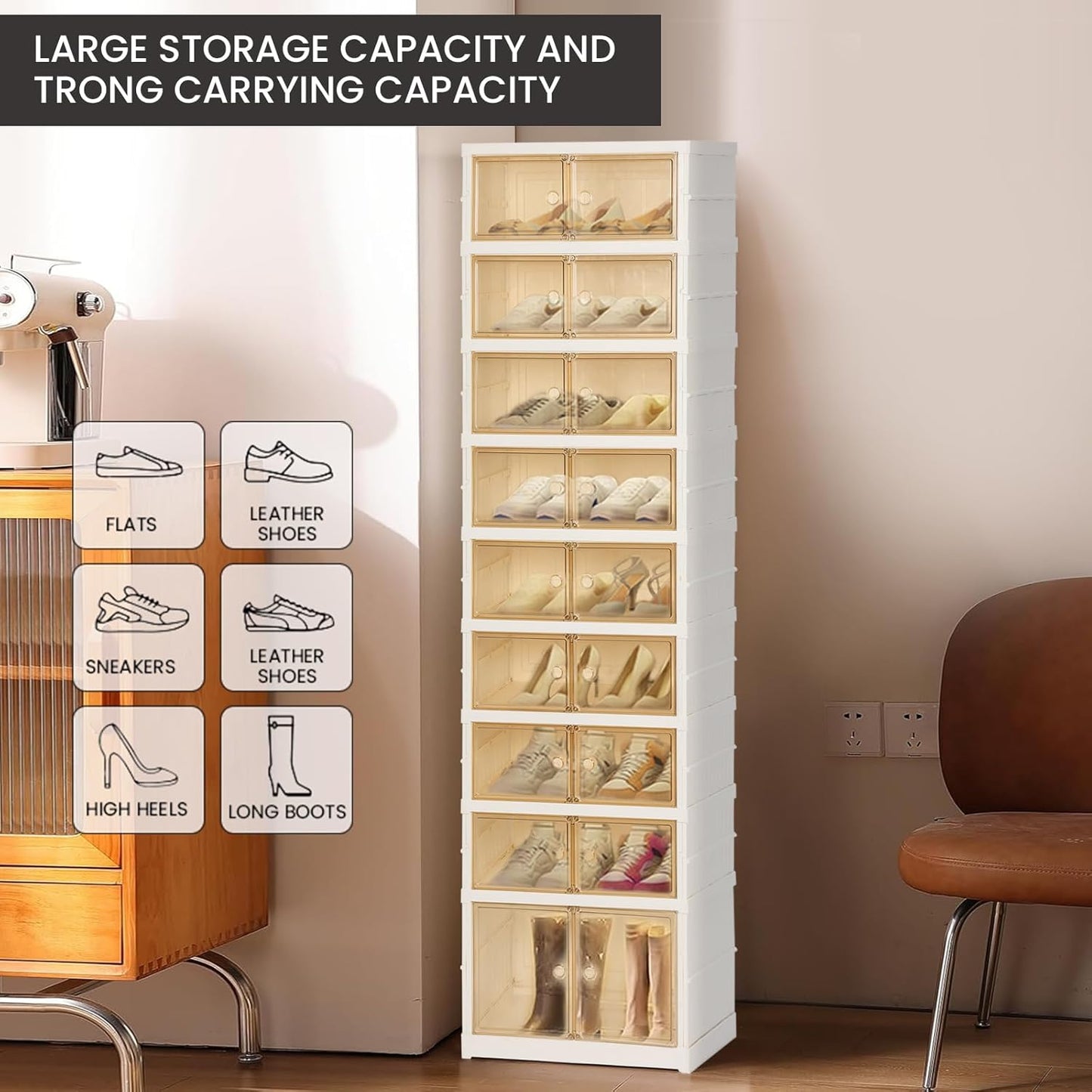 Foldable Shoe Organizer Storage Box, Portable Extra Large Folding Shoe Rack for Closet, Shoe Storage Box with Magnetic Transparent Door and Wheels, 9 Layers 18 Grids with 2 Big Grids