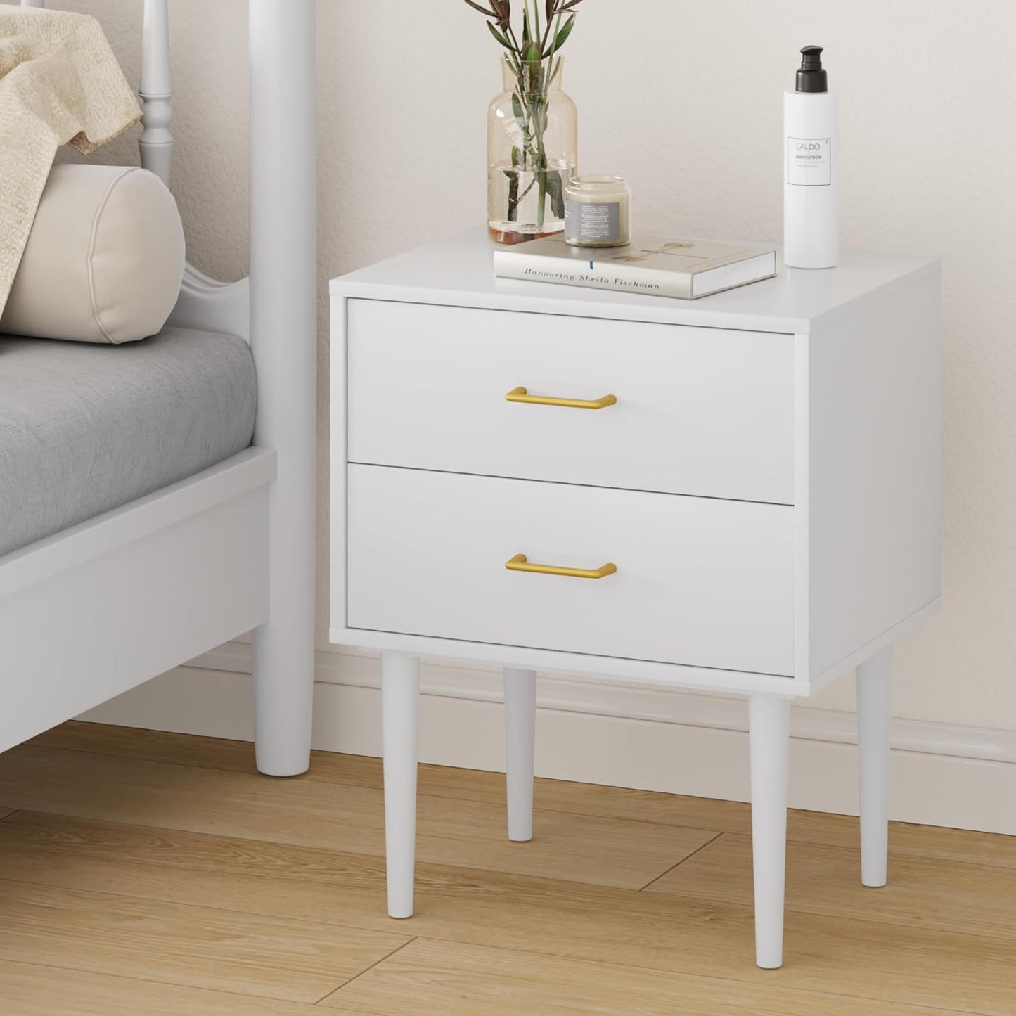 26 H White Nightstand with 2 Drawers, Small Night Stand with Gold Handles, Bedside Table with Solid Wood Legs, Tall Nightstands for Bedroom