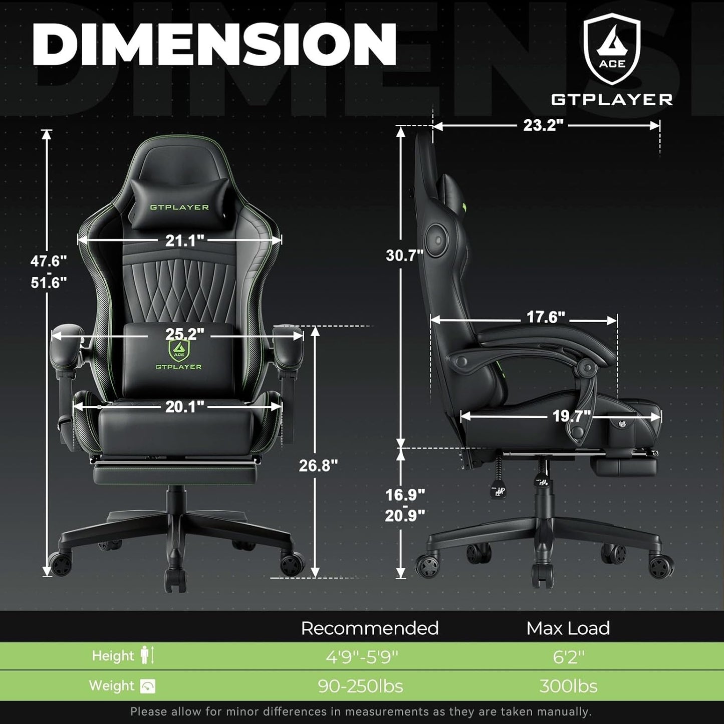 GTPLAYER ACE-PRO Music Gaming Chairs – Built-in Speakers, App Support & Bluetooth Control, Footrest & Pocket, Gamer Chair for Adults, Black & Green Stitch