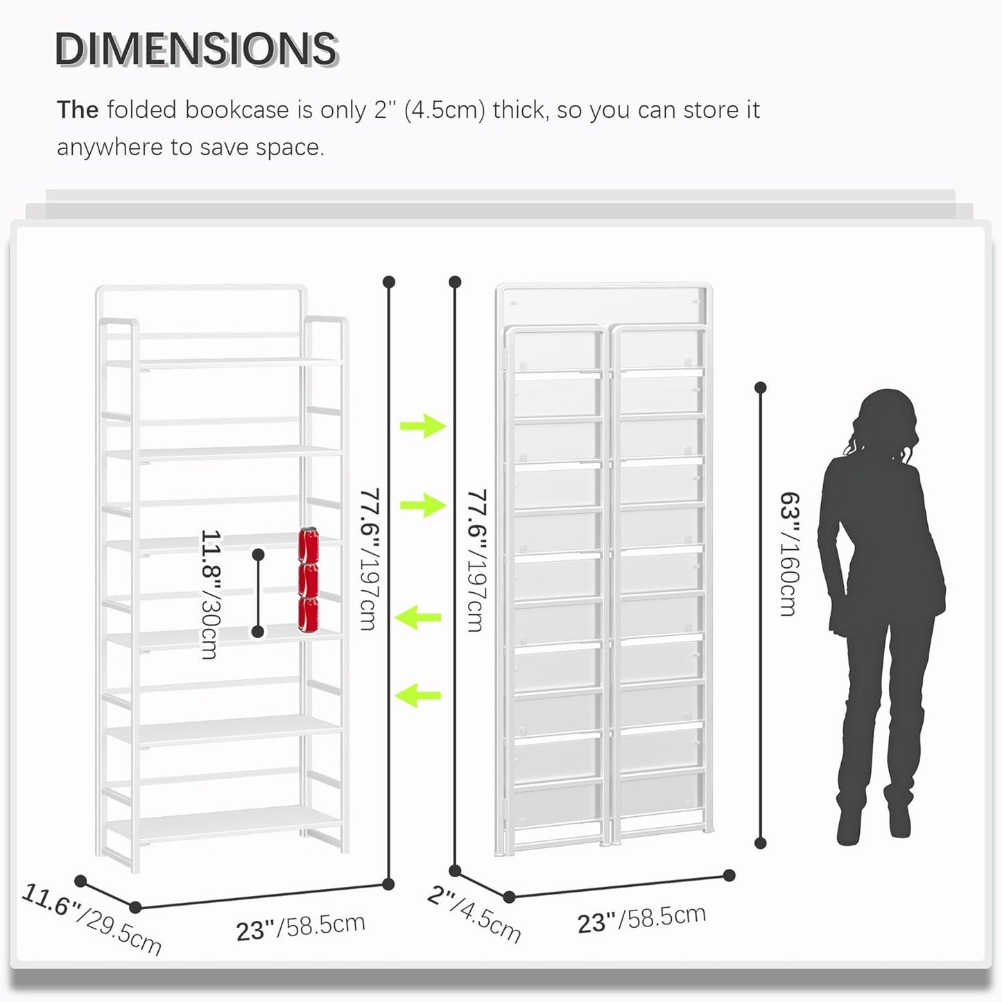 4NM No-Assembly 6 Tiers Folding Bookshelf Storage Shelves Vintage Bookcase Standing Racks Study Organizer Home Office (All White)