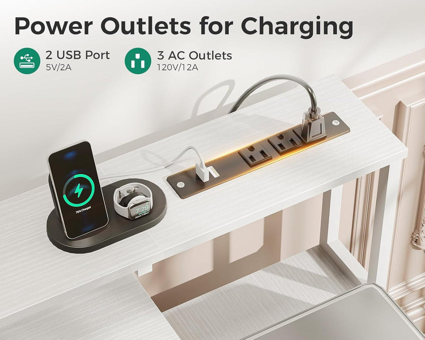 AODK Computer Desk with Drawers and Keyboard Tray, 63" Office Desk with Power Outlet and LED Lights, Reversible Study Work Desk with Printer Shelf and PC Stand for Home Office, White