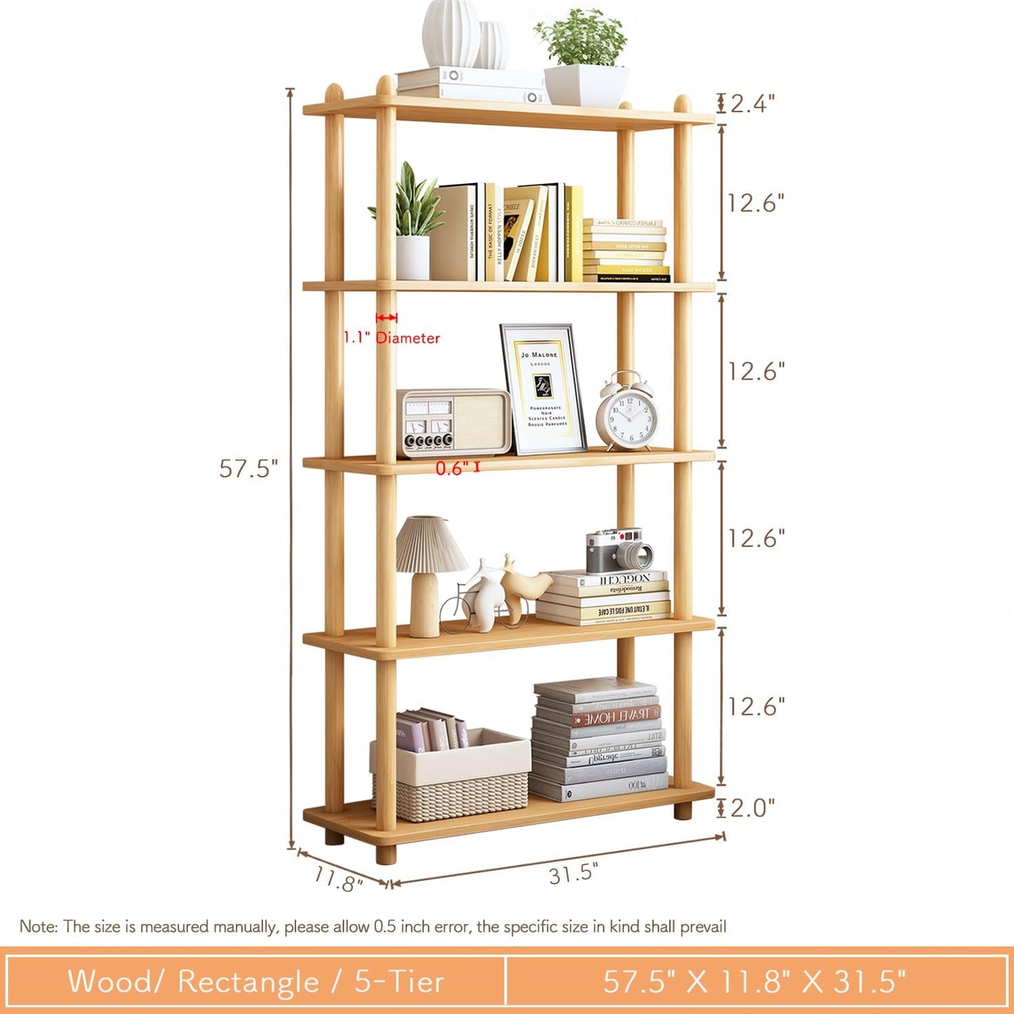 IOTXY 5-Tier Wooden Shelf Bookcase - Modern Open Bookshelf, Free Standing Storage Rack, Multifunctional Display Stand for Home and Office, Oak, Rectangle