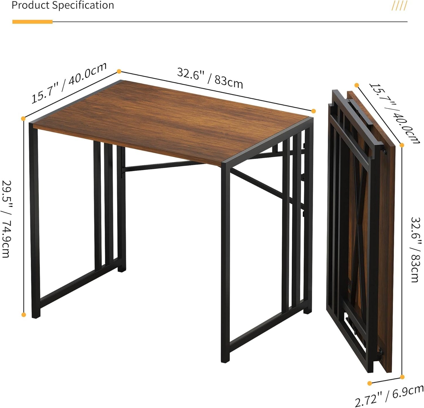 32 inch Folding Small Desk, Writing Gaming Computer Camping Desk for Small Spaces, No Assembly Required Home Office Desk, Mahogany