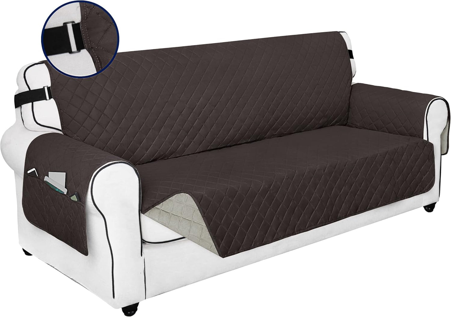 PureFit Reversible Sofa Couch Cover Water Resistant Couch Covers for 3 Cushion, Washable Furniture Cover with Non-Slip Foam and Adjustable Strap for Dogs, Pets (Oversized Sofa, Chocolate/Beige)