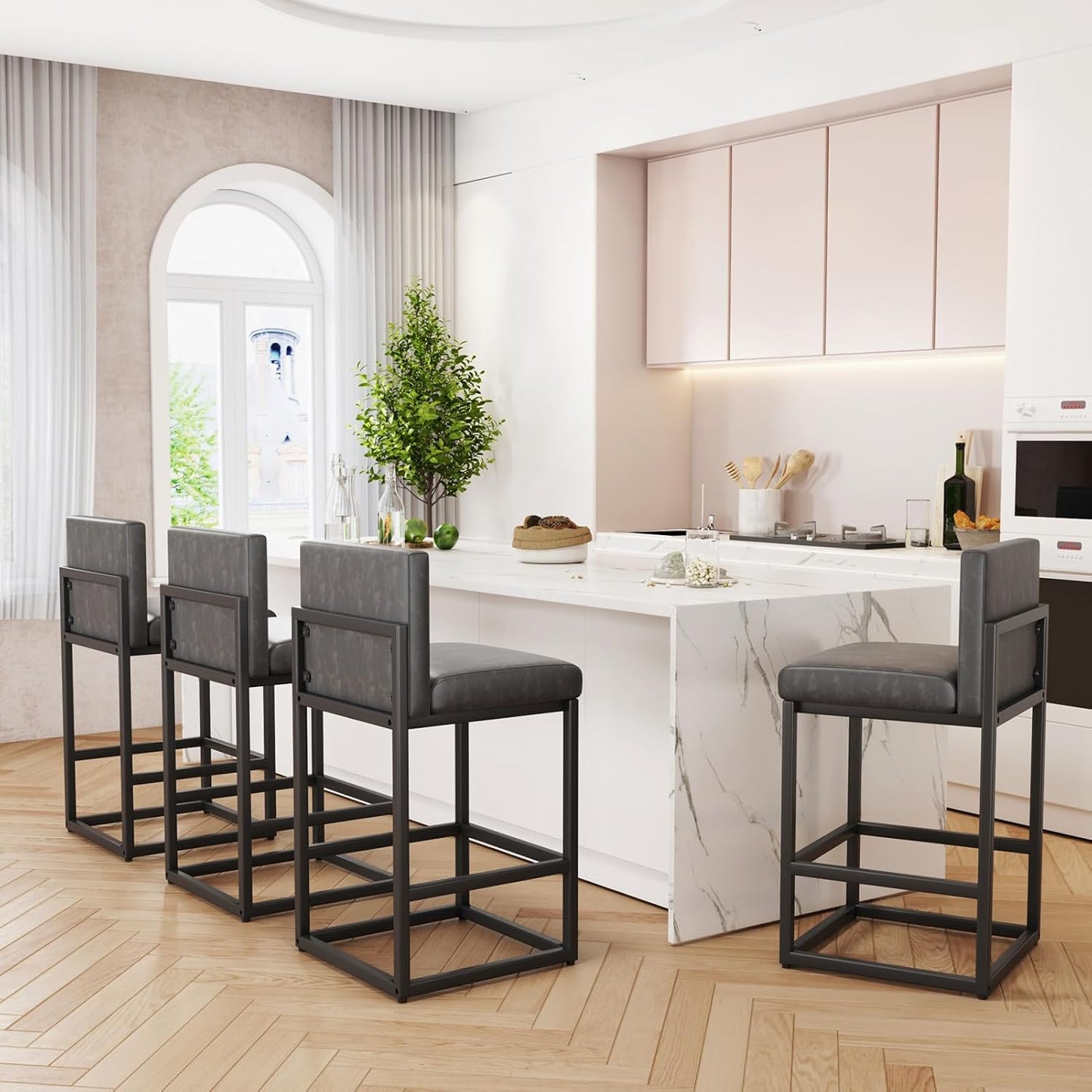 Barstools Set of 2 Grey Metal Bar Stools Modern Bar Chairs Pu Leather for Kitchen Island Counter Height Cafe Resturant Stools, 26 Inch