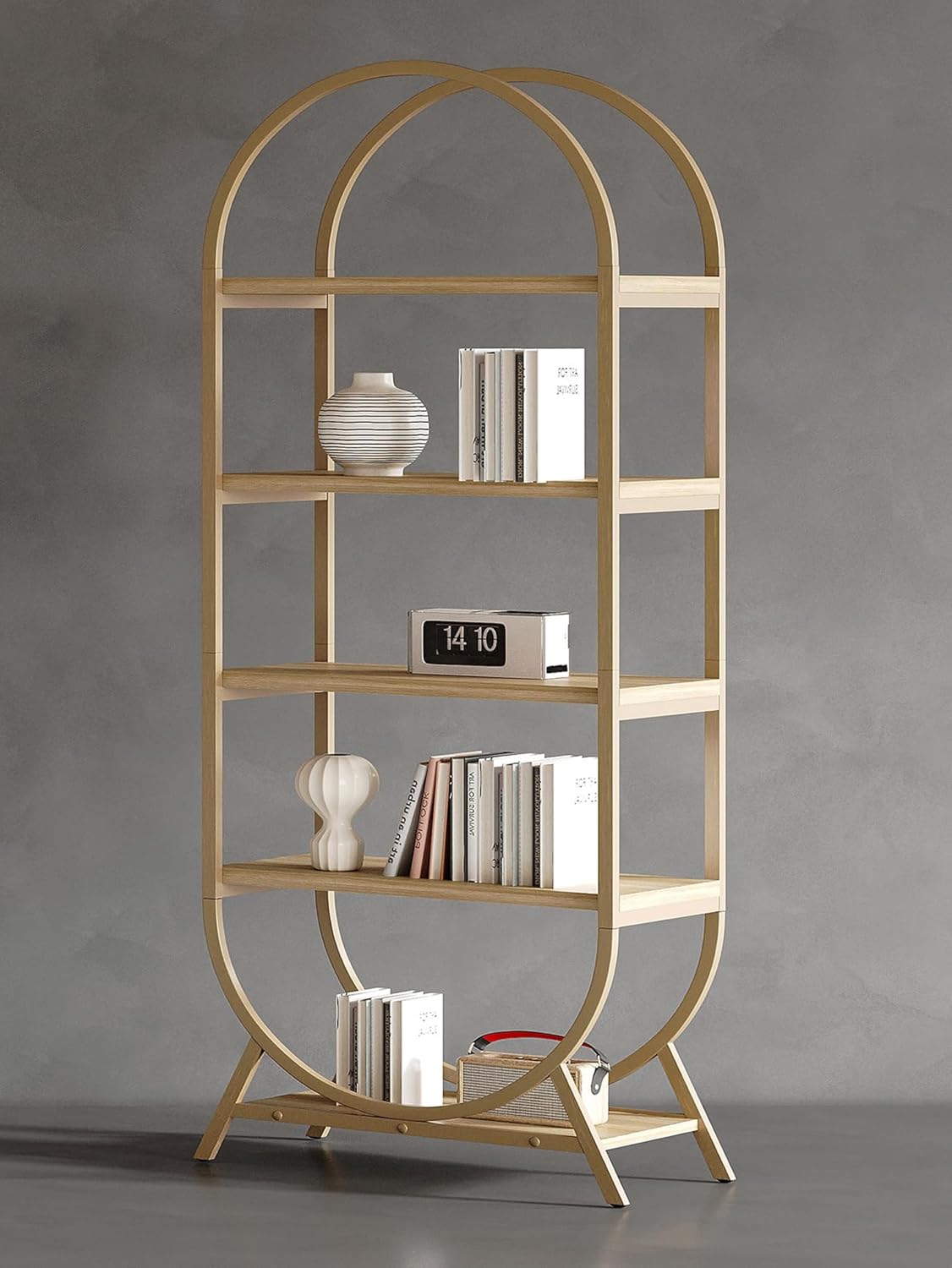 Bookshelf Arched Bookcase, Industrial 5 Tier Open Book Shelves with Metal Frame, 72" Tall Freestanding Display Rack for Home Office, Living Room,Nature Wood and Gold