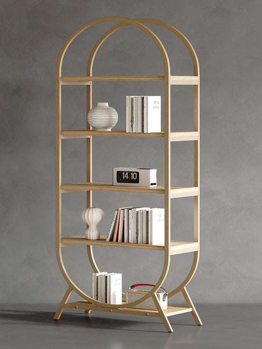 Bookshelf Arched Bookcase, Industrial 5 Tier Open Book Shelves with Metal Frame, 72" Tall Freestanding Display Rack for Home Office, Living Room,Nature Wood and Gold