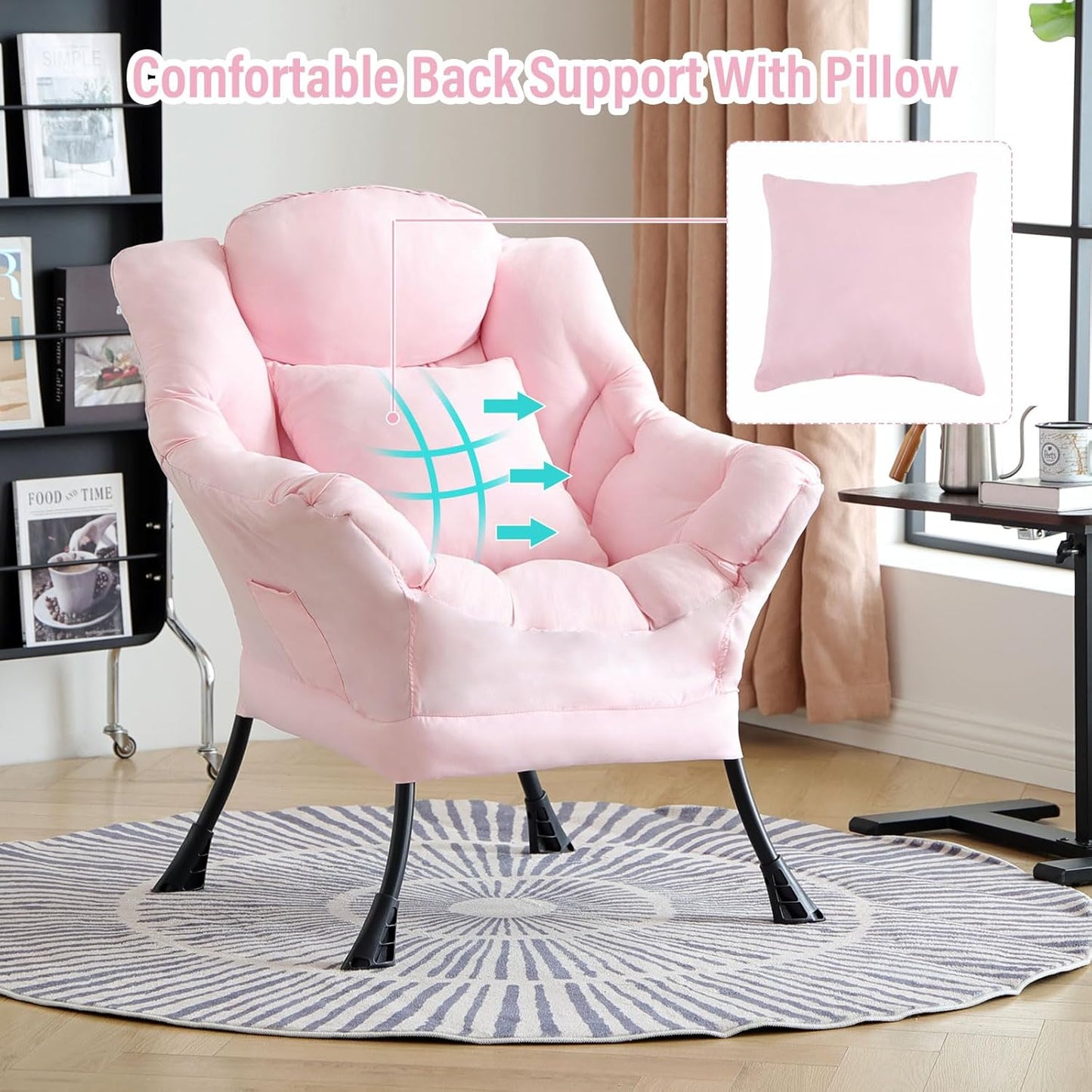 Lazy Chair with Pillow for Living Room, Modern Lounge Accent Chair with Armrests and a Throw Pillow, Leisure Sofa Chair Set, Reading Chair for Bedroom, Dorm Room, Office, Pink