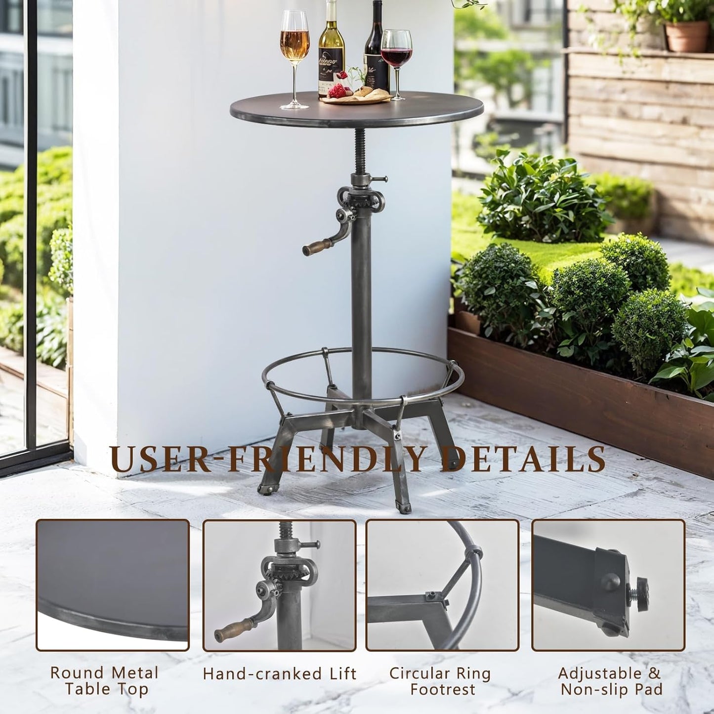 LOKKHAN 33.5"-39.4" Tall Industrial Bar Table-Adjustable Bar Height Pub Table-23.7" Dia Swivel Round Metal Top-Easily Adjusts by Crank Handle, Silver Gray