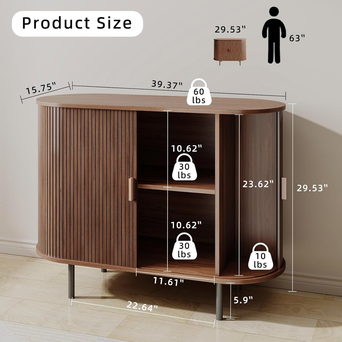 Buffet Sideboard Cabinet with Storage, 40" Fluted Cabinet with Sliding Door & Adjustable Shelf, Modern Accent Coffee Bar Console Table for Kitchen, Entryway, Walnut