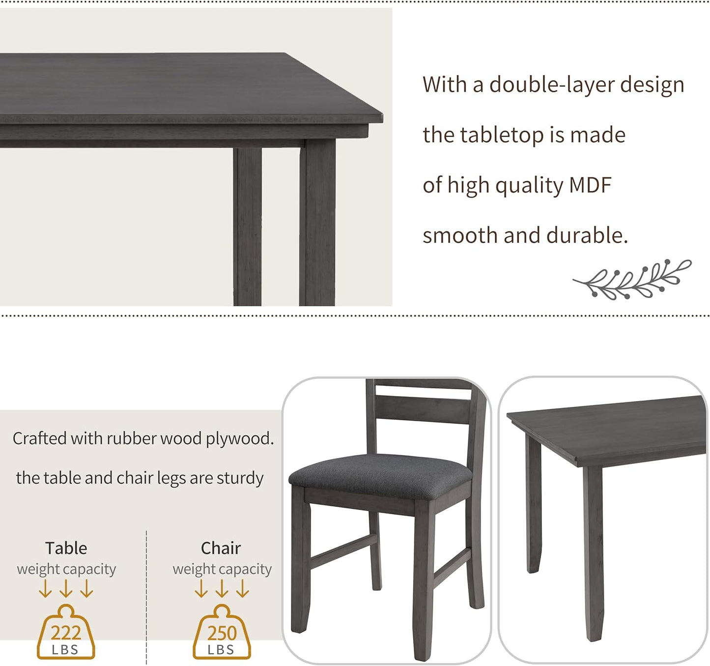 Ball & Cast 6 Piece Dining Table Set with 4 Upholstered Chairs and 1 Bench,Wooden Living Room Furniture W/ 60" Rectangle Kitchen Desk,for Restaurant,Home Bistro,Gray