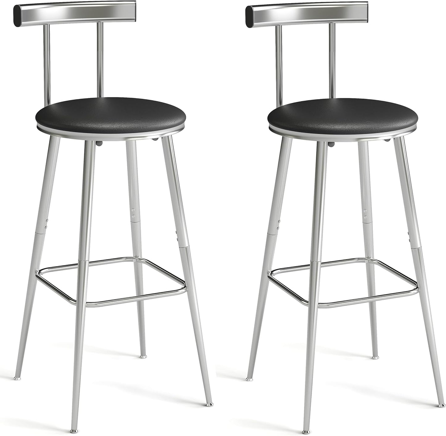 Bar Stools, Set of 2 High Kitchen Barstools, Bar Chairs with Backrest and Footrest, Industrial Counter Stools with PU Soft seat, for Kitchen, Living Room, Pub, Silvery BS-011SI