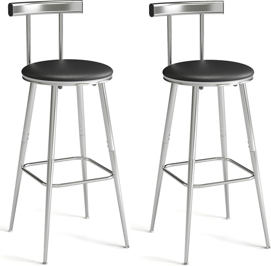 Bar Stools, Set of 2 High Kitchen Barstools, Bar Chairs with Backrest and Footrest, Industrial Counter Stools with PU Soft seat, for Kitchen, Living Room, Pub, Silvery BS-011SI