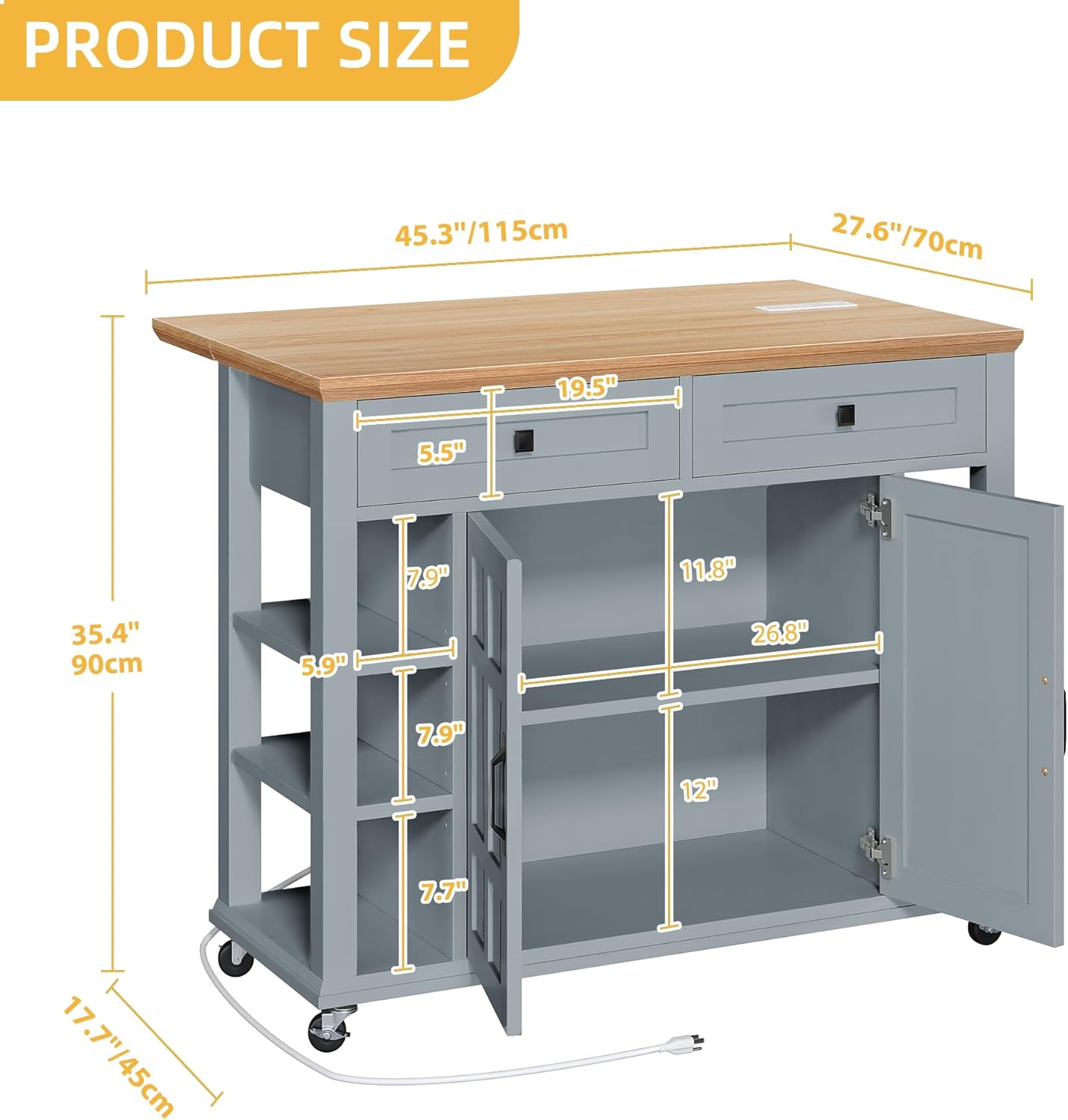 DWVO Rolling Kitchen Island with Drop Leaf, Mobile Storage Islands with Power Outlet Foldable Tabletop, 2 Drawers and Open Shelves, for Living Room, Dining Room, Blue Gray