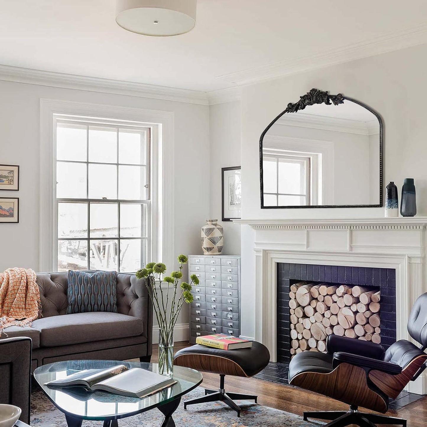 AIXI HOME Vintage Black Arched Mirror 40"X31", Antique Baroque Mantel Wall Mirror with Black Brush Gold Metal Ornate Frame for Entryway/Fireplace/Living Room/Hallway/Bathroom/Bedroom