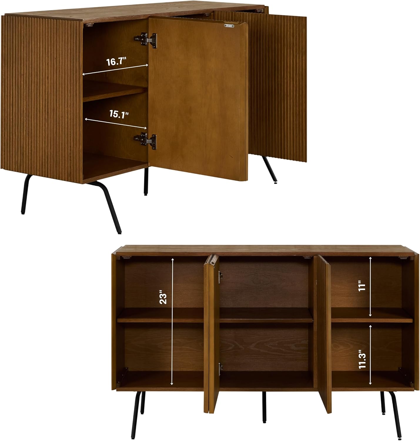 NTC Veil Modern Sideboard with 3 Doors, Buffet Cabinet with Vertical Groove Design and Metal Legs, Storage Cabinet for Living Room, and Hallway, Effortless Assembly - Rustic Oak