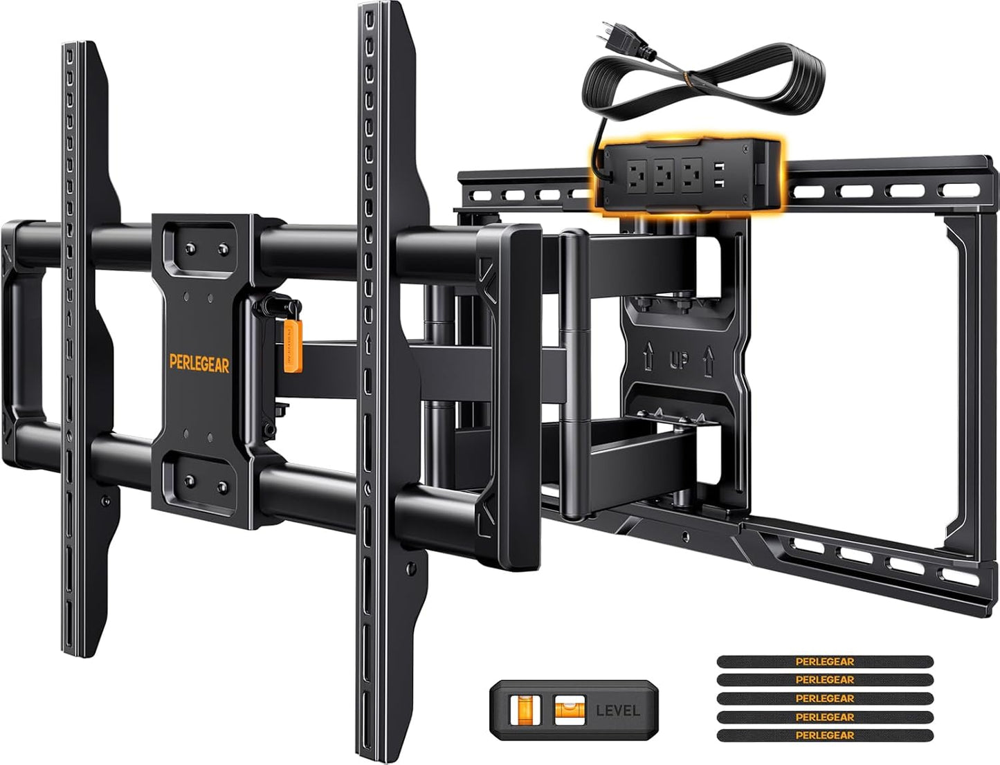 Perlegear Full Motion TV Wall Mount with Power Strip for 42–90 Inch TVs up to 150 lbs, Pre-Assembled TV Mount Has Smooth Swivel, Tilt, Extension, Max VESA 600x400mm, 12“/16”/24” Wood Studs, PGLF11