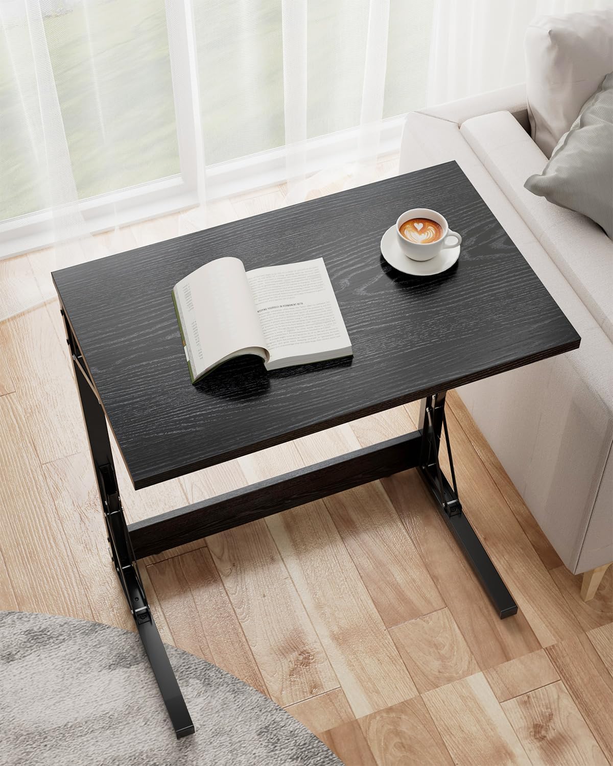 Tatub Folding TV Tray Table Set of 2, 24" Wide C-Shaped End Table for Couches, Small Sofa-Side Laptop Desk with Metal Frame for Living Room, Bedroom, Dark Black