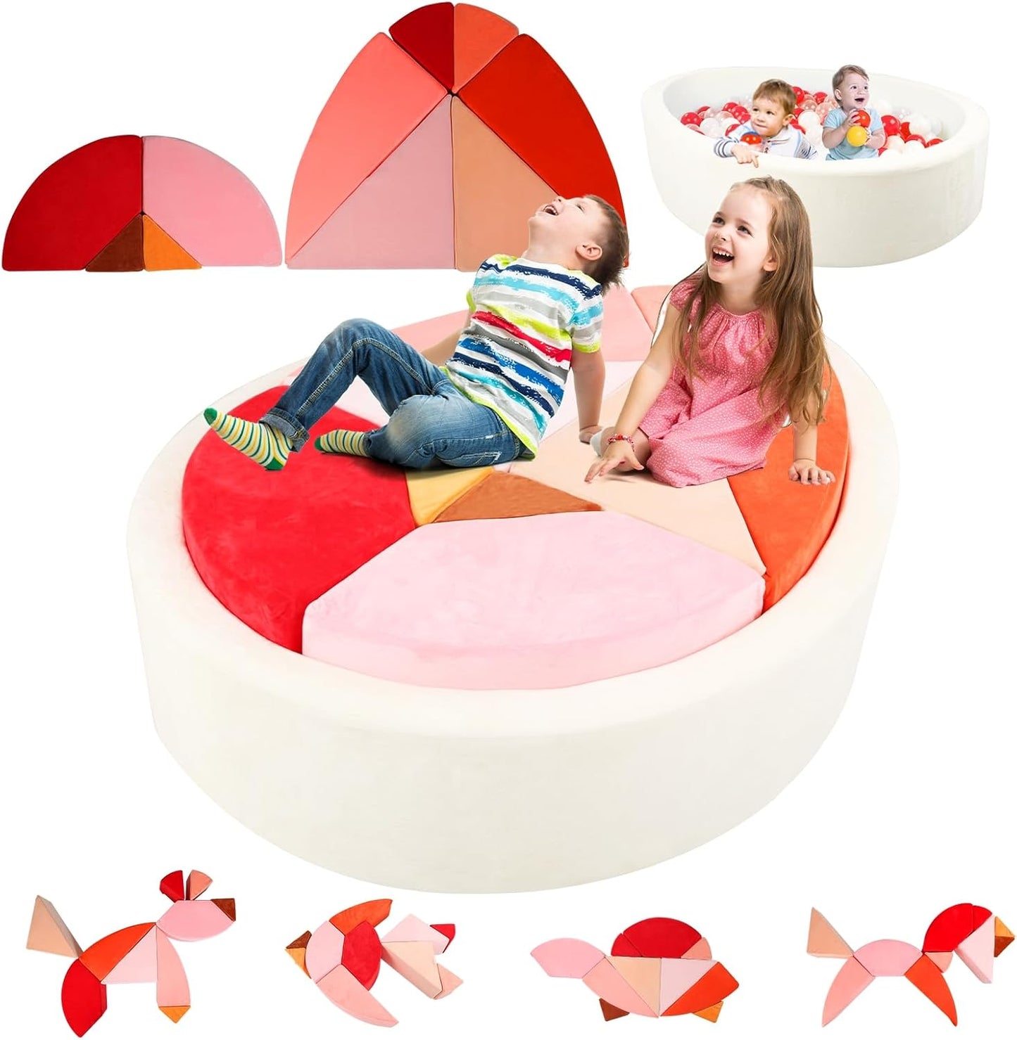 Kids Play Couch, 2-in-1 Egg-Shape Kid Plays Sofa with Unique Ball Pit(no Balls Included), Tangram Puzzle Play Couch for Playroom, Modular Play Couchs for Inspiring Creativity, Glow