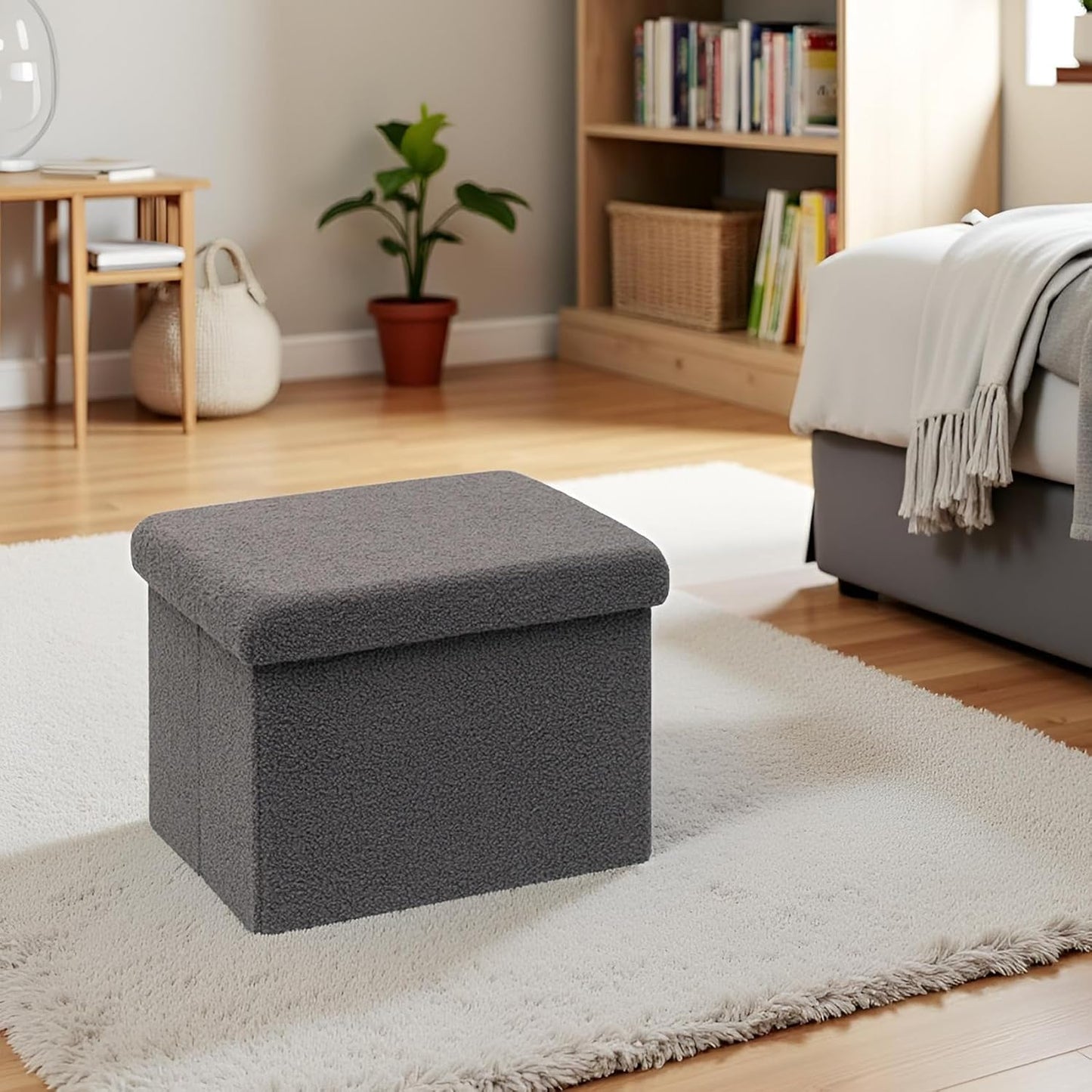 16.5 Folding Storage Ottoman Cube - Small Footrest with Sherpa Top, Multi-Functional Storage for Bedroom, Living Room, Grey