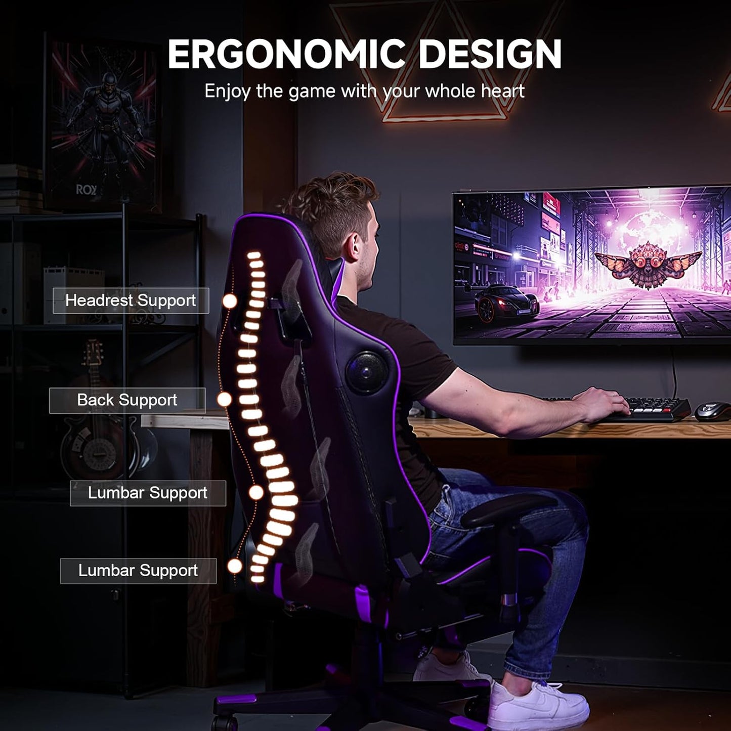 GTPLAYER Gaming Chair with Bluetooth Speakers and Footrest, Ergonomic Gamer Chair with Reclining Backrest, 3D Armrests, Adjustable Seat Height, Computer Desk Chair for Adults (Purple)