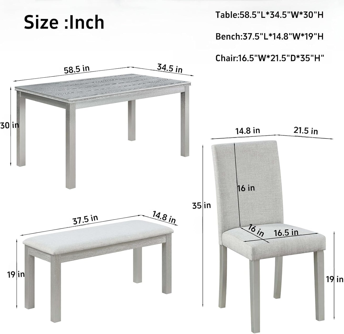 Dining Table Set, 6-Piece Kitchen Table & Chair Set with Rectangular Crystal Decoration & 4 Upholstered Chairs & a Bench, Wooden Dining Set, Silver Gray