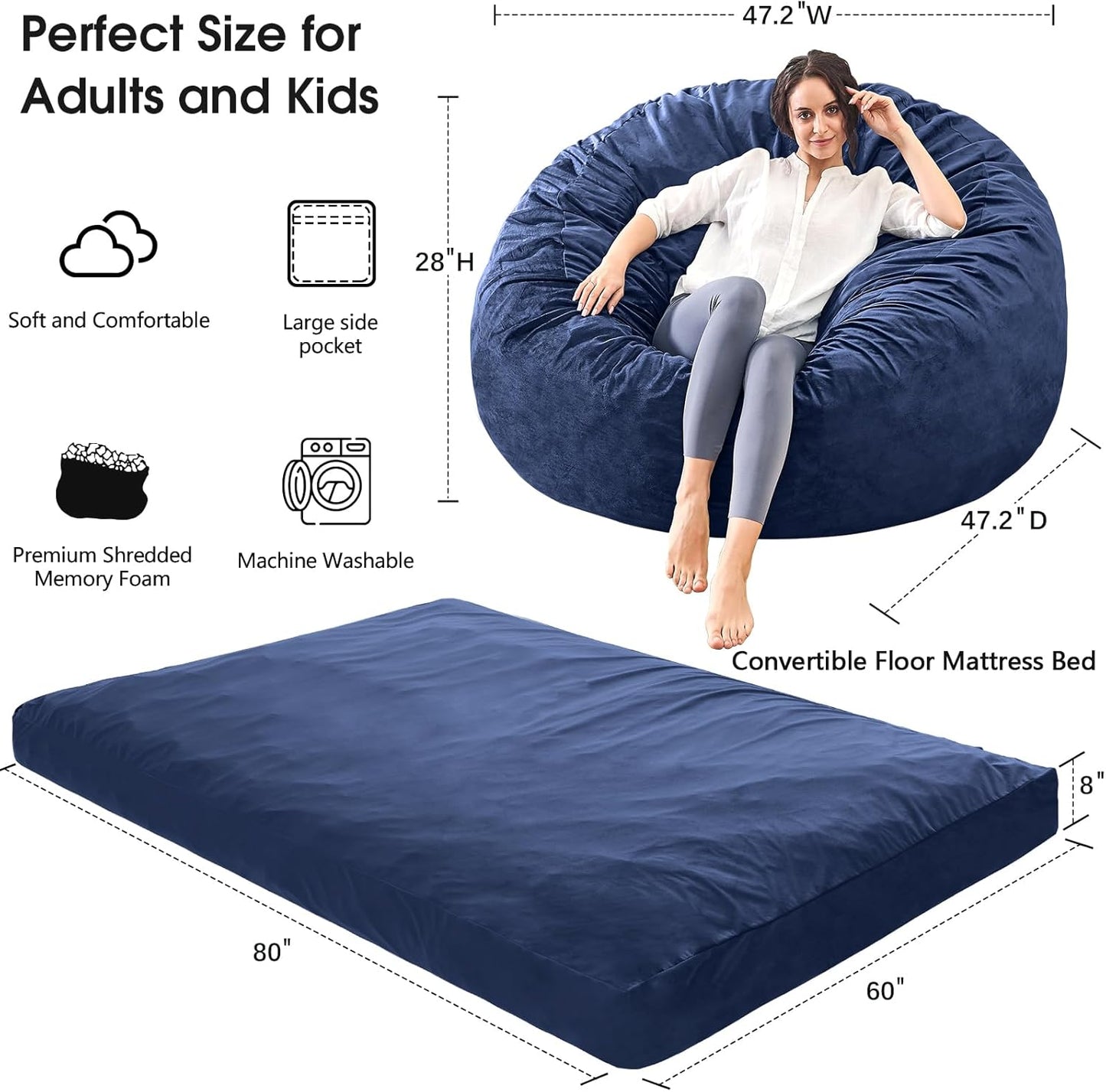 Bean Bag Chairs for Adults - Giant Bean Bag Chair Convertible Bean Bag Bed - Beanbag Chair with Micro Fiber Cover/Furniture Foam Filler - Floor Couch Sofa in Bedroom Dorm Room - Queen Navy Blue