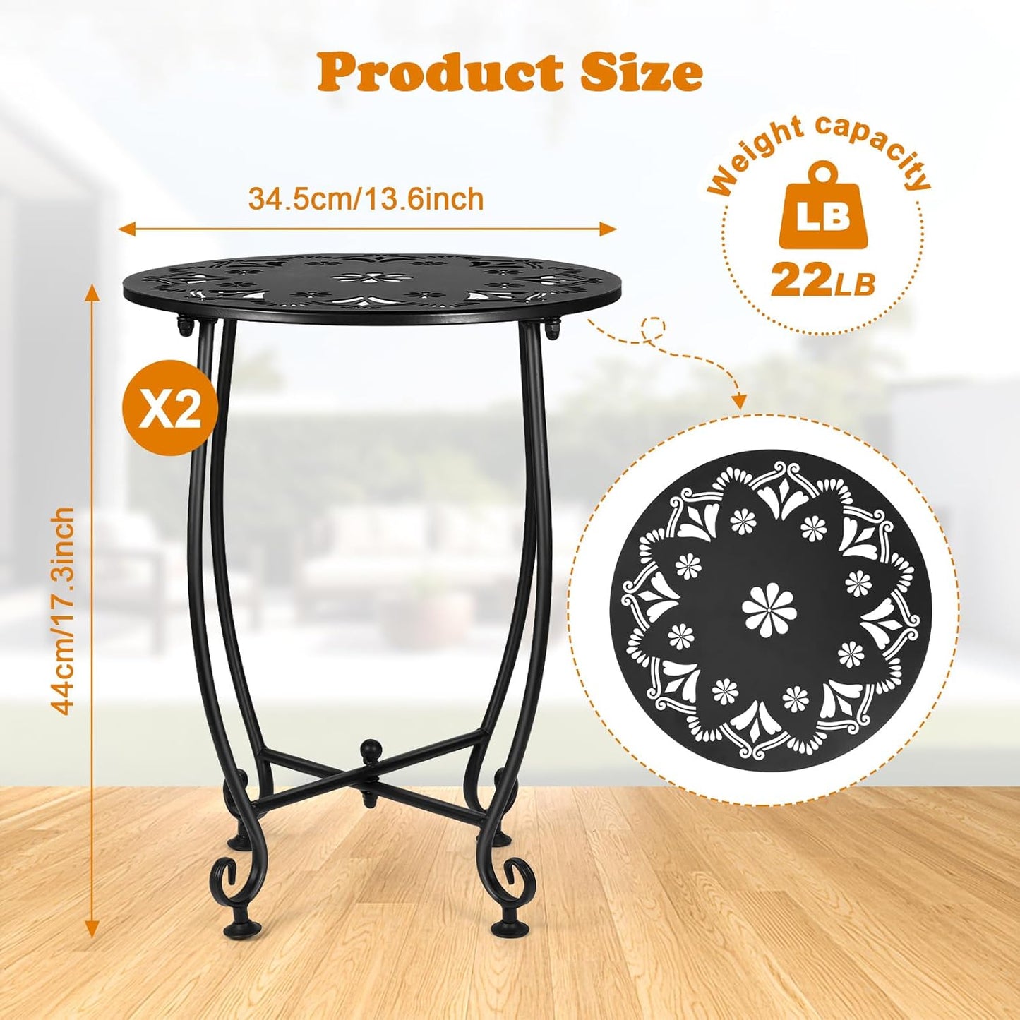 2 Pack Outdoor Side Tables for Patio, Weather Resistant Steel Patio Side Table, Small Round Outdoor End Table Metal Side Table for Patio Yard Balcony Garden Black (Flowers)
