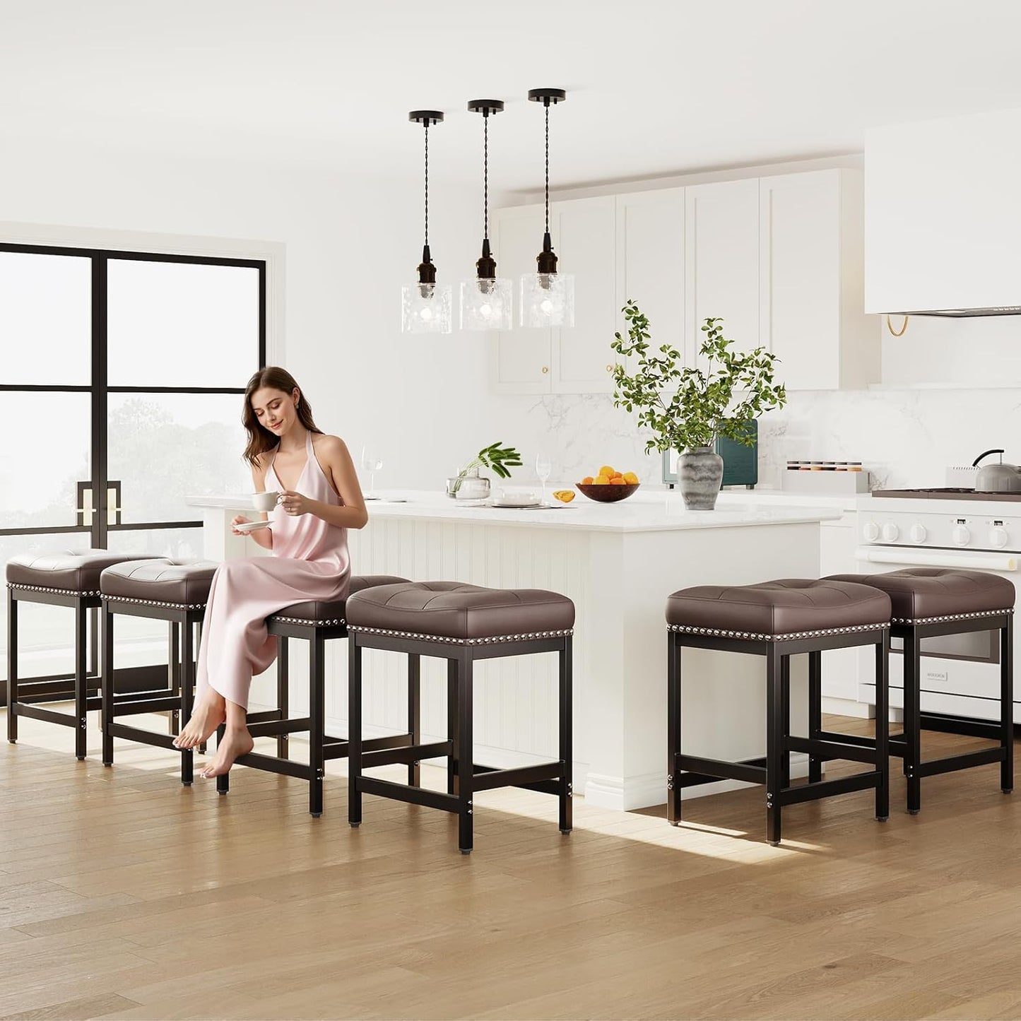 MALOL Set of 6 Saddle Bar Stools Counter Height 24.4”, Backless Barstools for Kitchen Island, Modern PU Leather Cushioned Seat, Bar Chairs for Kitchen Counter, Breakfast Bar Stools for Home,Brown