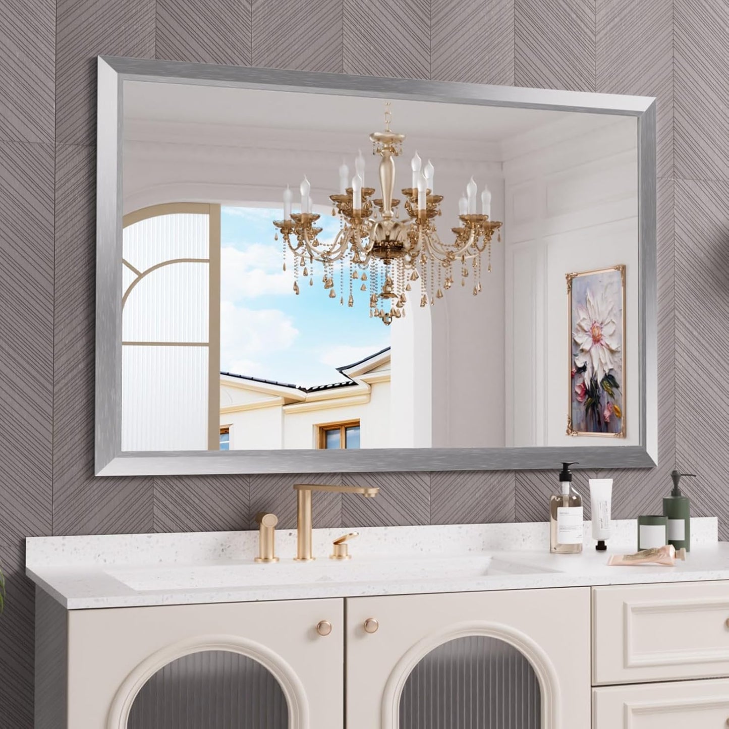 Amorho 60 X40 Inch Bathroom Mirror Silver, Thick Metal Framed Wall Mirrors for Over Sink, Brushed Nickel Mirror Perfect for Bedroom, Living Room, Entryway, Rectangle (Horizontal/Vertical).
