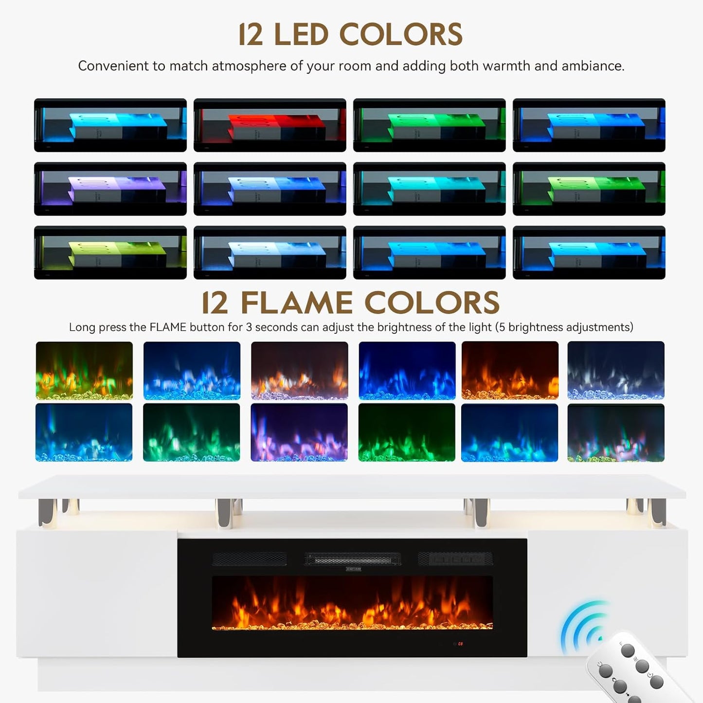 70" TV Stand & Entertainment Center, Media Console with Storage Shelves, Fits TVs up to 80", Modern Living Room Furniture, 36" Electric Fireplace (White+Black)