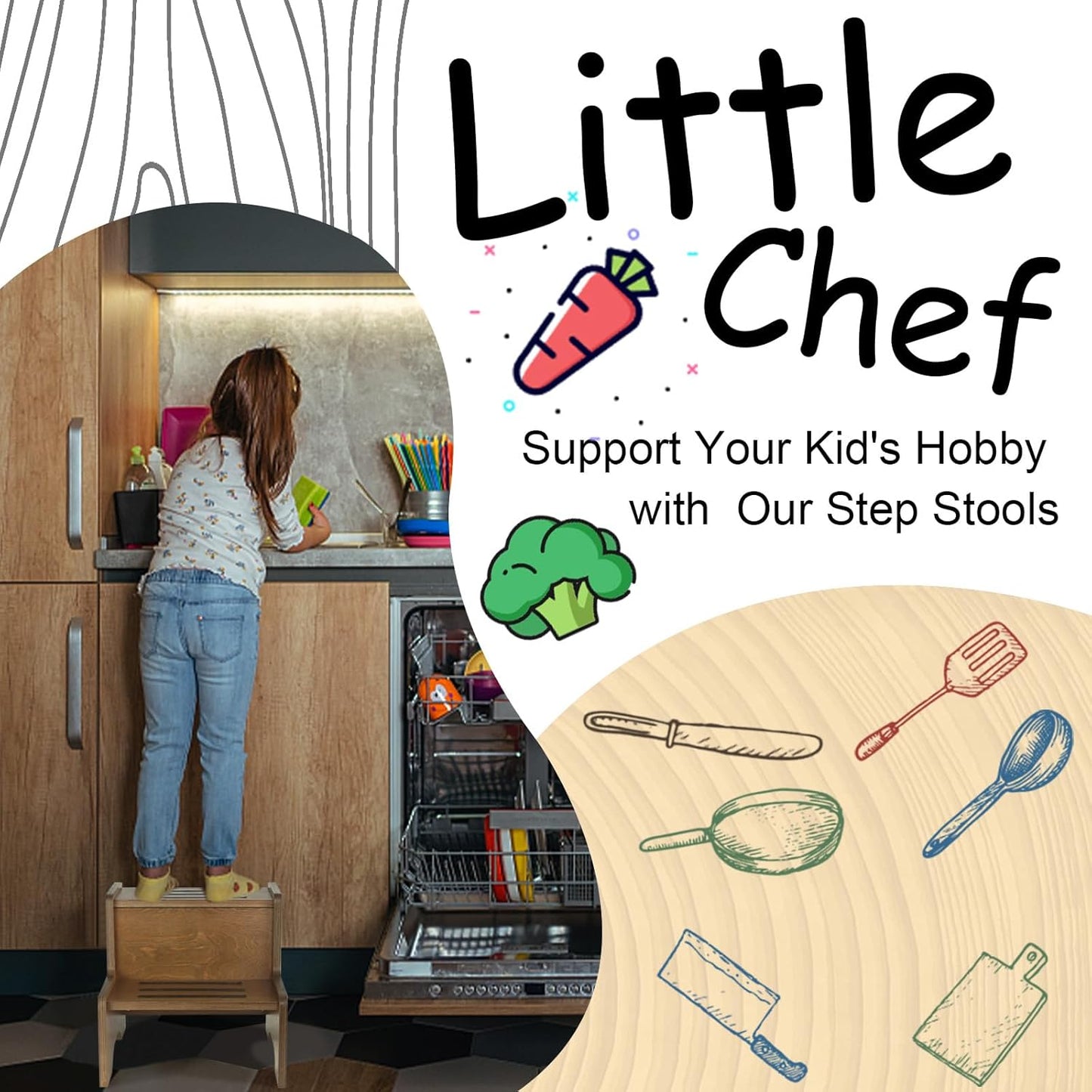 WOOD CITY Toddler Step Stool for Kids, Wooden Brown Two Step Children's Stool with Handles, Bonus Non-Slip Pads for Safety, Bathroom Potty Stool & Kitchen Step Stools Dual Height