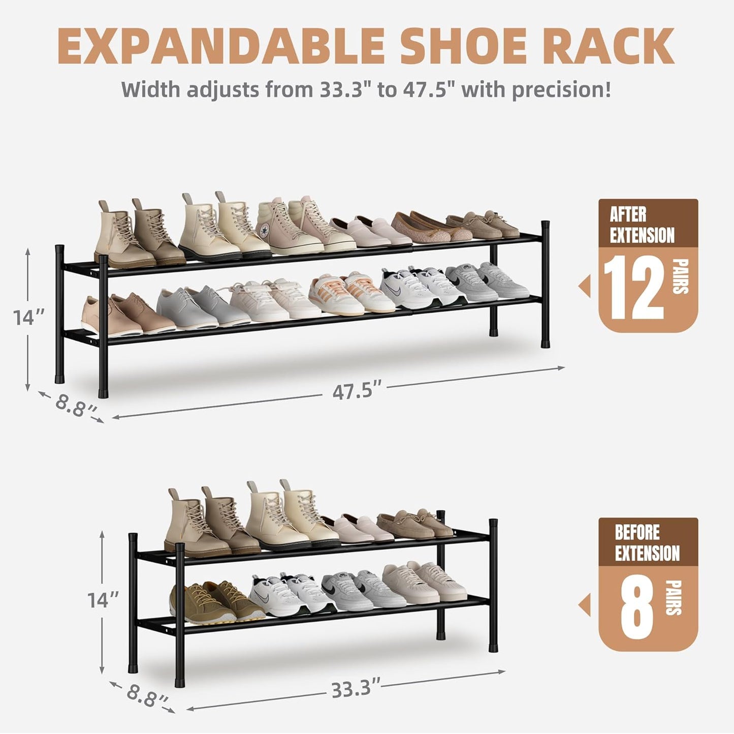 STORAGE MANIAC Long Expandable Shoe Rack, 12 Pairs Metal Wide Stackable Shoe Rack, Adjustable Shoes Shelf, Freestanding Shoes Organizer for Closet, Entryway, Hallway, Garage, Front Door, 2 Tiers