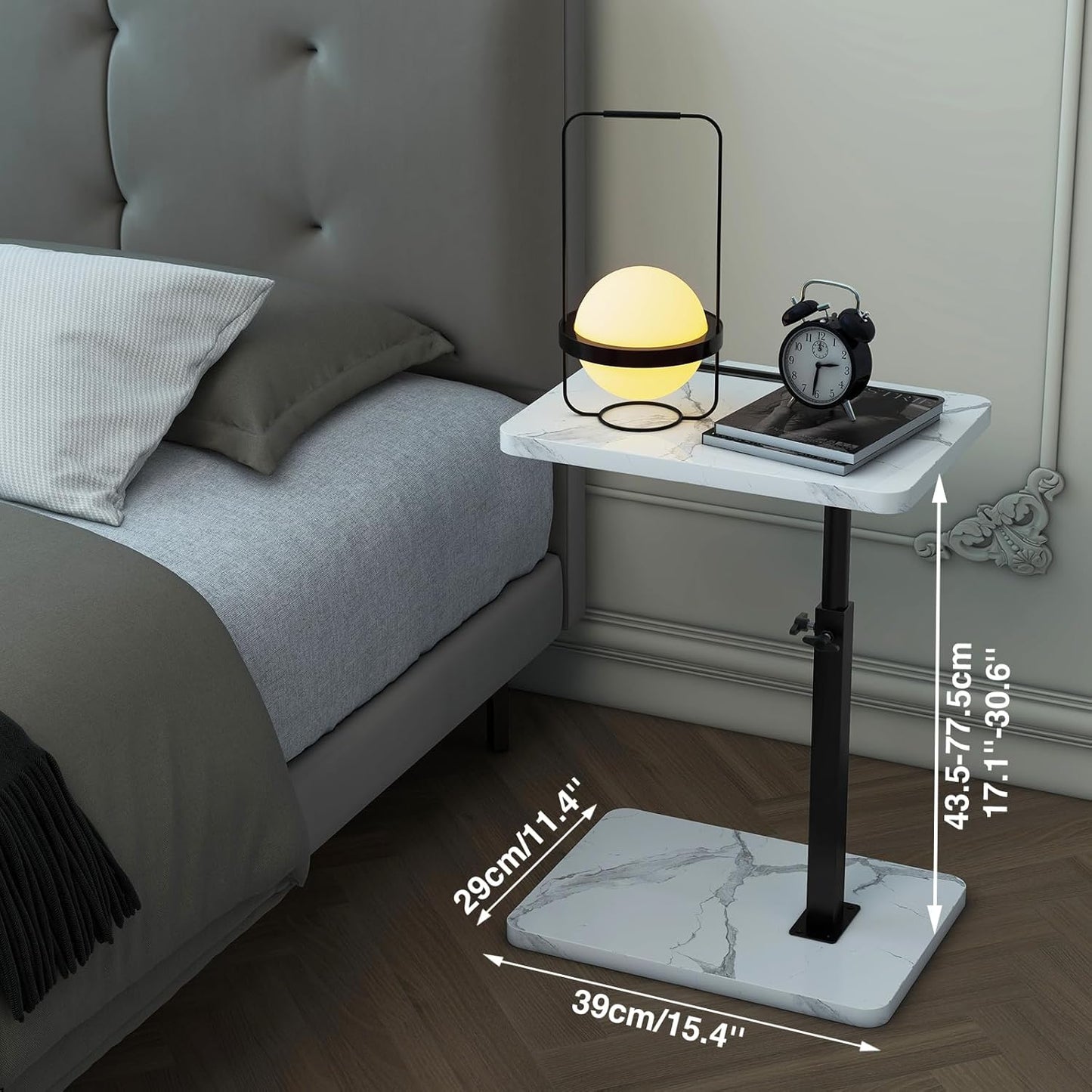 IBUYKE Tray Table for Couch, 360° Swivel Height Adjustable End Table for Small Spaces, with Phone & Tablet Slot, Modern Small Coffee Snack Table for Sofa/Bed, White with Black UTVT003BW