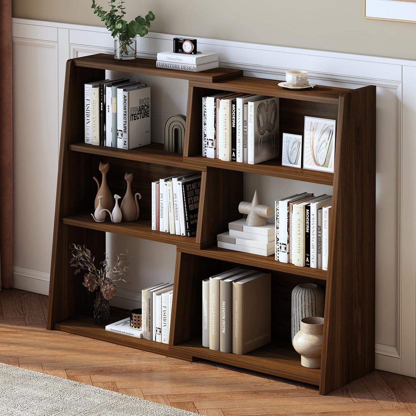 IOTXY Wooden Extendable Shelf Bookcase - 3-Tier Ladder Low Short Bookshelf for Small Space or Corner, Dark Walnut, S