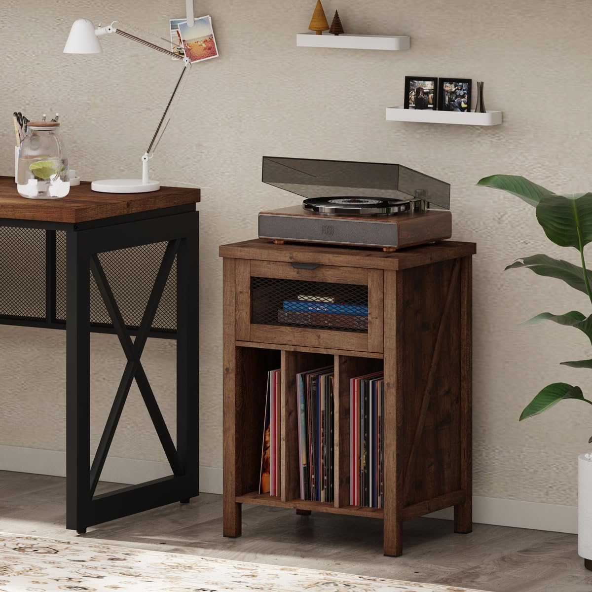 BON AUGURE Record Player Stand with Vinyl Storage, Farmhouse Record Player Cabinet End Table Holds up to 160 Albums, Brown Turntable Stand for Living Room, Bedroom, Office (Rustic Oak)